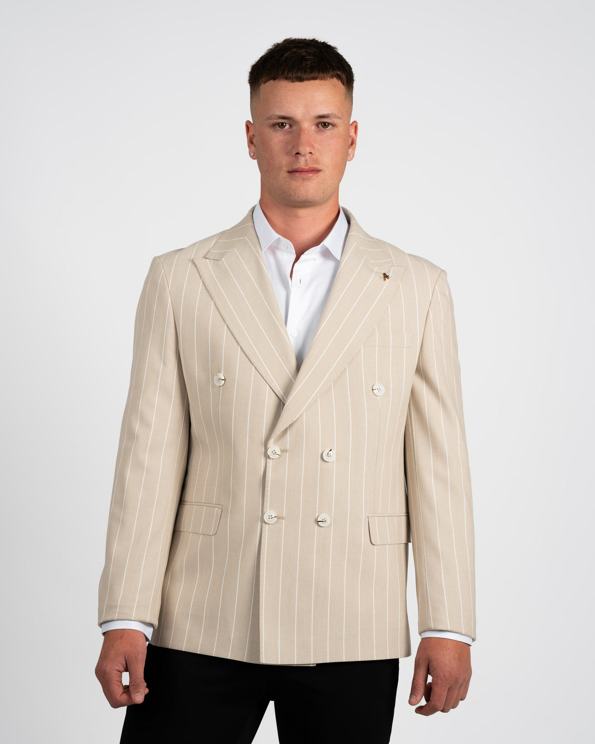 Beige Striped Double-Breasted Jacket – Sataar Collection